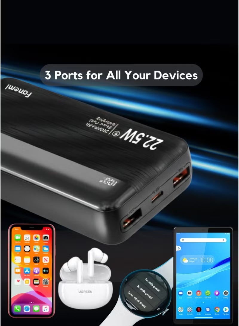 Fonemi 20000mAh Power Bank 22.5W Fast Charging | Built-In Type-C & Lightning Cables, Dual Input & Multiple Output | Digital LED Display, Smart Protection, Flight Approved Portable Charger – Black - Image 4