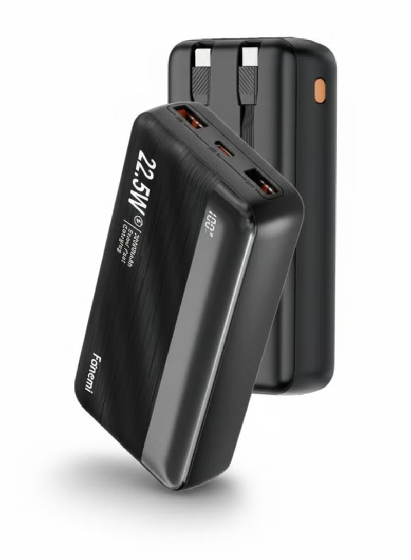Fonemi 20000mAh Power Bank 22.5W Fast Charging | Built-In Type-C & Lightning Cables, Dual Input & Multiple Output | Digital LED Display, Smart Protection, Flight Approved Portable Charger – Black - Image 1