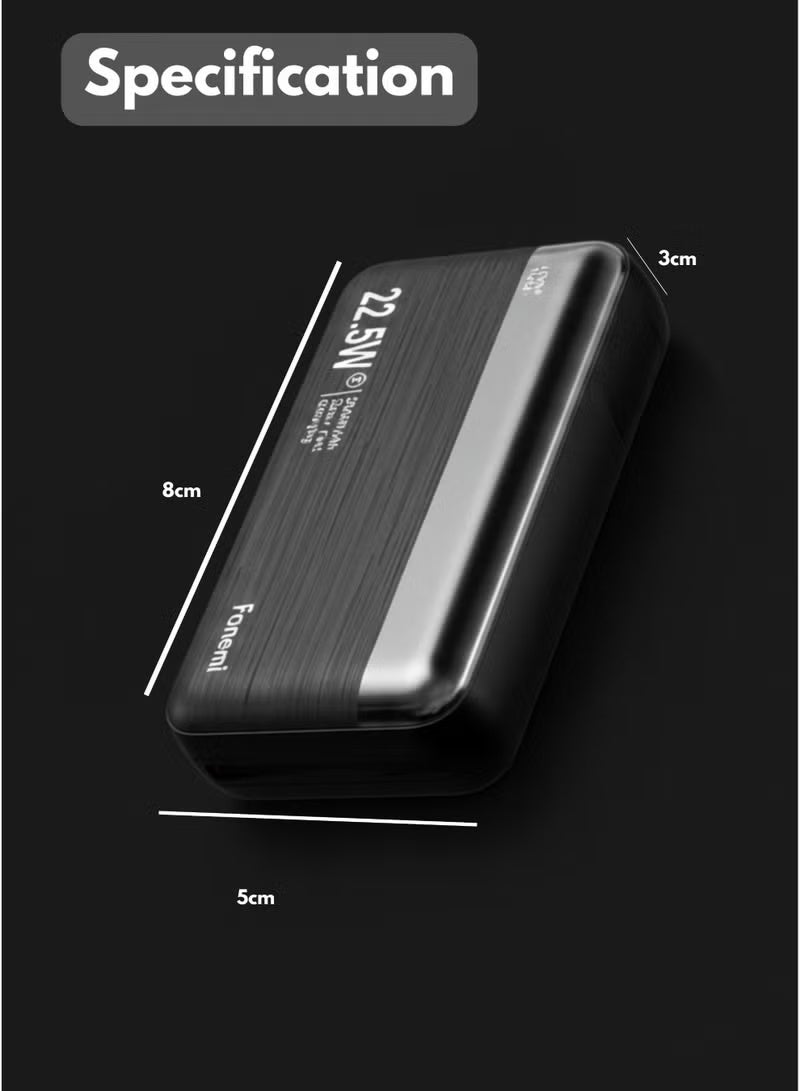Fonemi 20000mAh Power Bank 22.5W Fast Charging | Built-In Type-C & Lightning Cables, Dual Input & Multiple Output | Digital LED Display, Smart Protection, Flight Approved Portable Charger – Black - Image 5