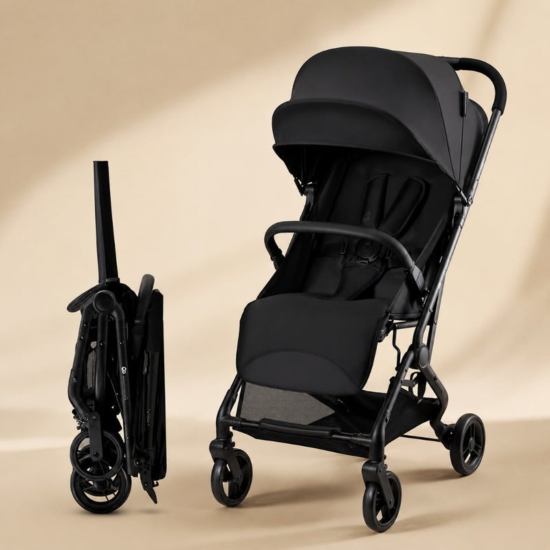 Travel buggy for newborns with aluminum frame, black finish, one-handed folding system for quick compact storage - Image 1