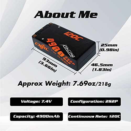 CNHL 2s Shorty Lipo Battery 4900mAh 7.4V 120C Hard Case with 5mm Bullet to T Plug for RC Car Truck Boat Truggy Buggy(2 Packs) - Image 2