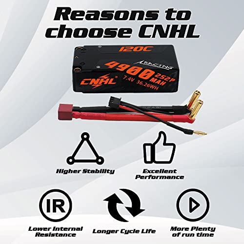 CNHL 2s Shorty Lipo Battery 4900mAh 7.4V 120C Hard Case with 5mm Bullet to T Plug for RC Car Truck Boat Truggy Buggy(2 Packs) - Image 4