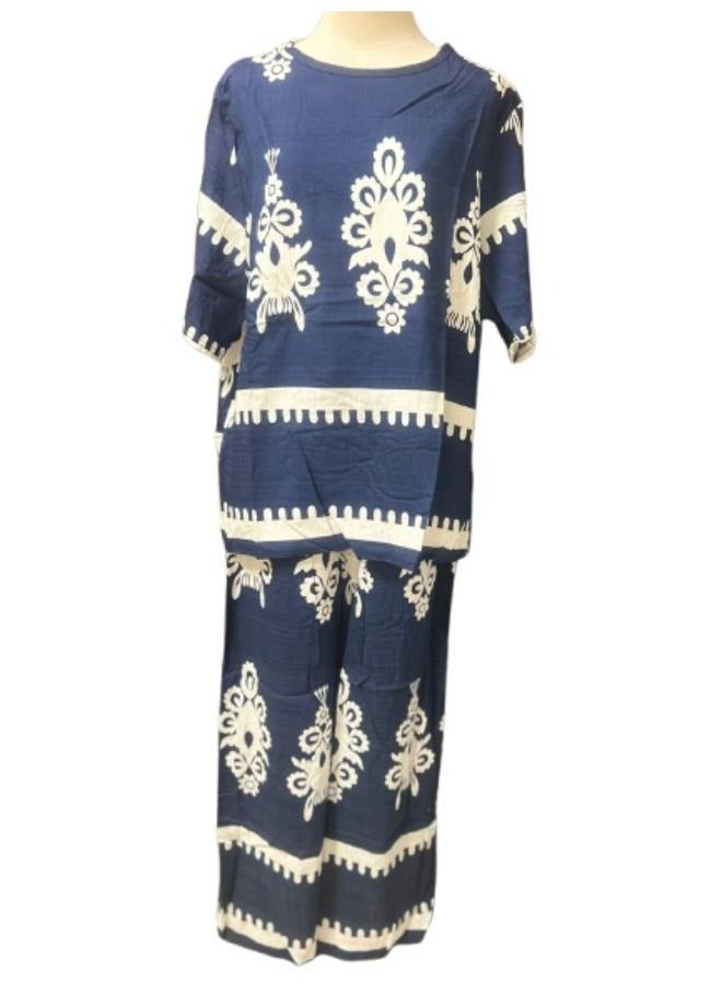 طقم نسائي من قطعتين مطبوعتين - طقم خفيف الوزن وجيد التهوية - بلوزة صيفية كاجوال وبنطلون واسع الساق، مقاس متوسط إلى كبير - Image 1