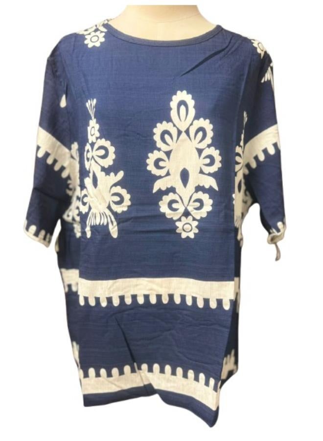 طقم نسائي من قطعتين مطبوعتين - طقم خفيف الوزن وجيد التهوية - بلوزة صيفية كاجوال وبنطلون واسع الساق، مقاس متوسط إلى كبير - Image 2