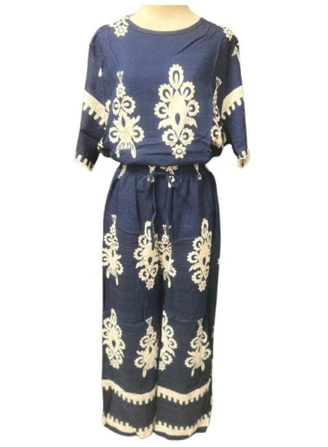 طقم نسائي من قطعتين مطبوعتين - طقم خفيف الوزن وجيد التهوية - بلوزة صيفية كاجوال وبنطلون واسع الساق، مقاس متوسط إلى كبير - Image 4