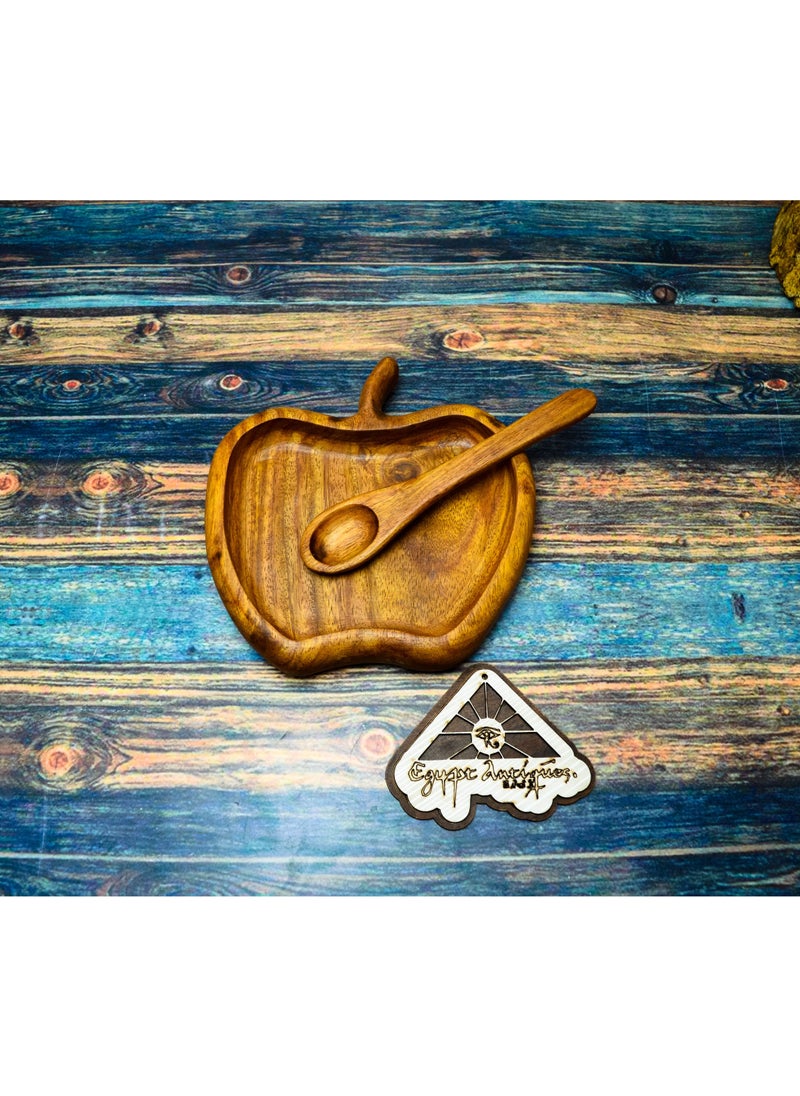Egypt Antiques A children's food or snack dish in the form of an apple + a wooden spoon. Handmade, 100% natural colors, treated with olive oil  - Image 2