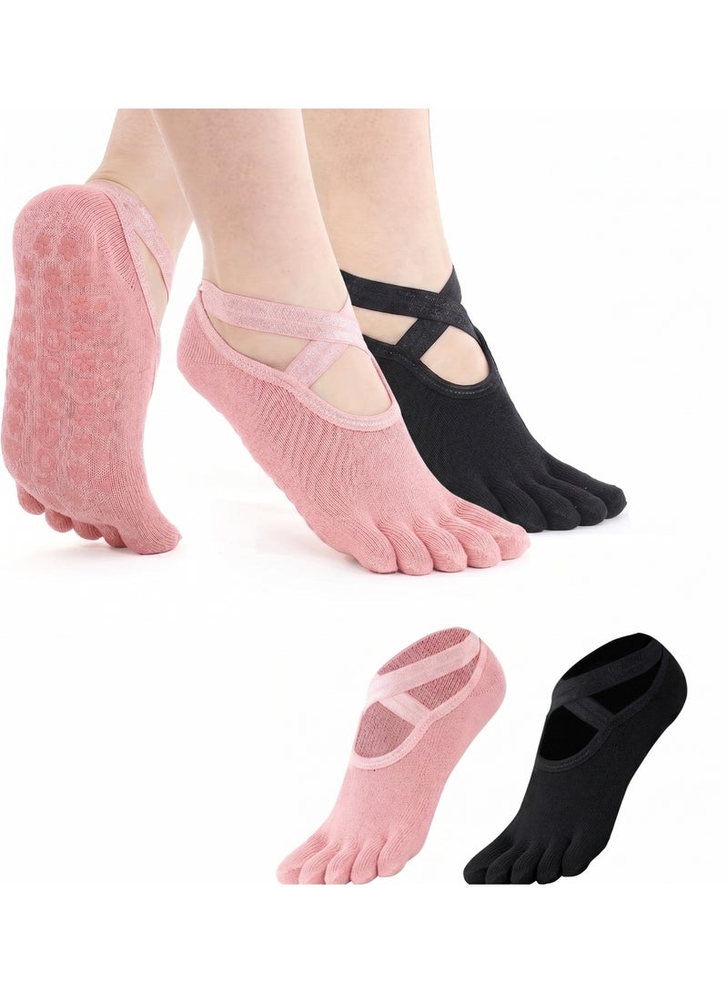 RADIANCES 2 Pairs of Yoga Socks for Women with Grips, Non-slip Sticky Pilates Sock with Toes Separated for Women, Ballet, Dance, Barefoot (Multi-colored) - Image 1