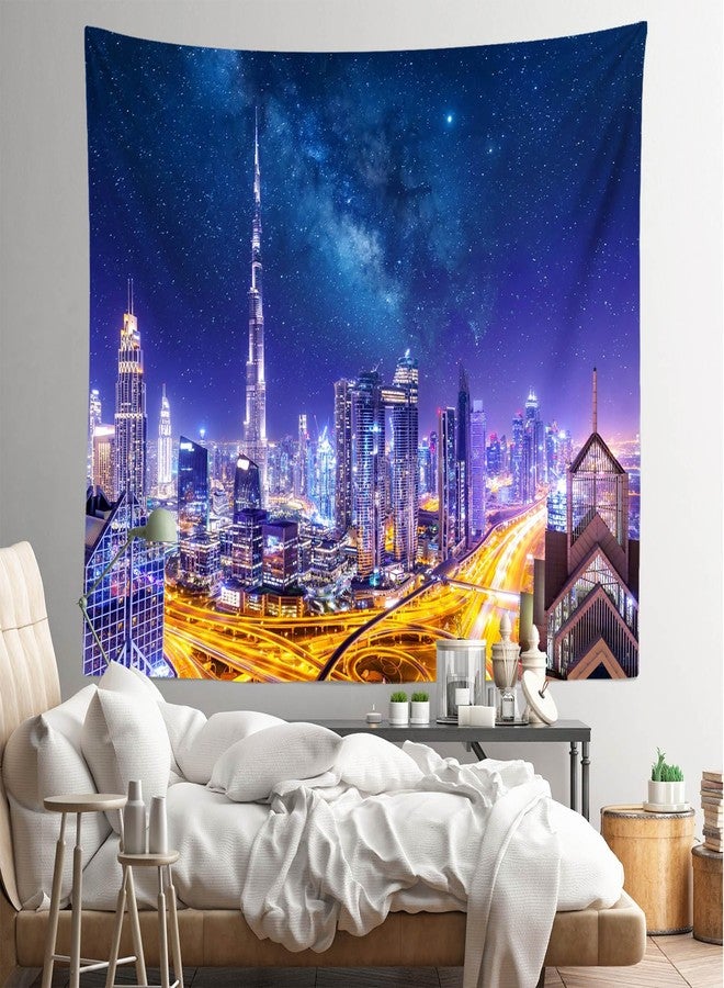 Loccor Dubai Skyscrapers Tapestry Dubai City Center Skyline Burj Khalifa Skyscrapers Stars Sky and Milky Way Tapestry Wall Hanging for Home Bedroom Living Room Wall Decor 80''x60'' - Image 3