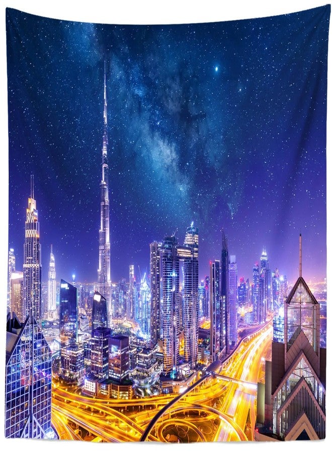 Loccor Dubai Skyscrapers Tapestry Dubai City Center Skyline Burj Khalifa Skyscrapers Stars Sky and Milky Way Tapestry Wall Hanging for Home Bedroom Living Room Wall Decor 80''x60'' - Image 1