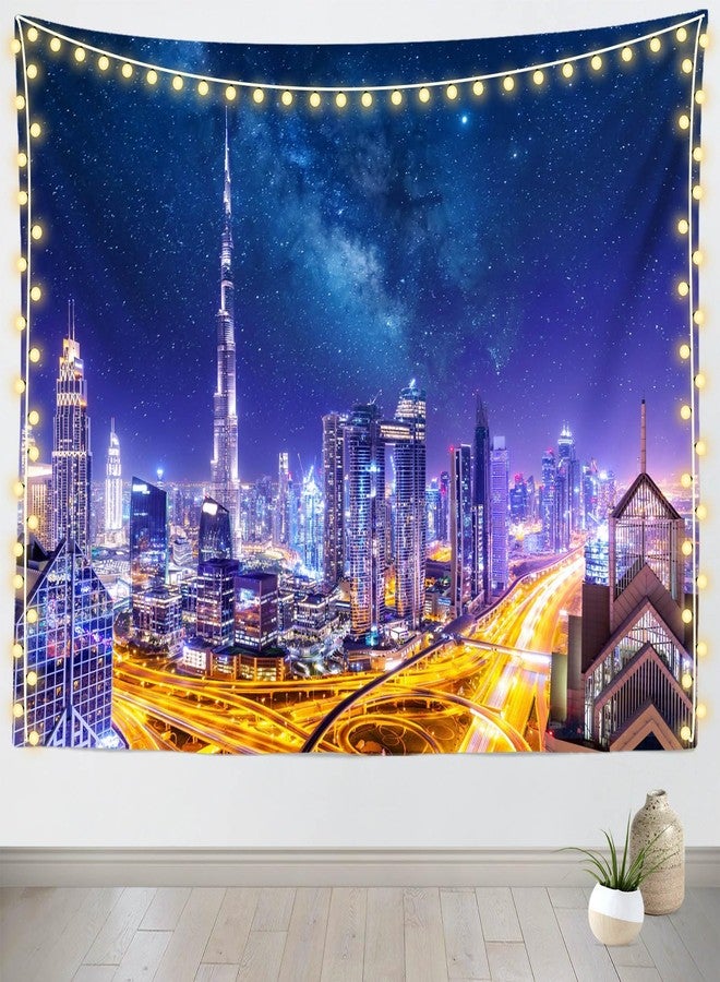 Loccor Dubai Skyscrapers Tapestry Dubai City Center Skyline Burj Khalifa Skyscrapers Stars Sky and Milky Way Tapestry Wall Hanging for Home Bedroom Living Room Wall Decor 80''x60'' - Image 2