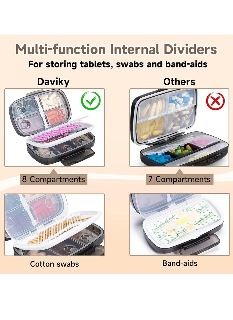 Travel Pill Organizer, Weekly Pill Dispenser 1 Time a Day, Large Pill Box, Moisture Proof 8 Compartment Pill Case, Portable Pill Holder for Medicines, Supplements and Vitamins (Black)