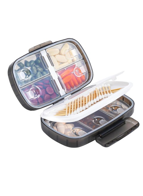 Travel Pill Organizer, Weekly Pill Dispenser 1 Time a Day, Large Pill Box, Moisture Proof 8 Compartment Pill Case, Portable Pill Holder for Medicines, Supplements and Vitamins (Black)