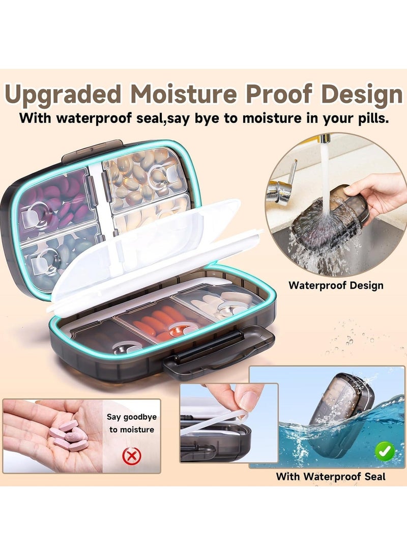 Travel Pill Organizer, Weekly Pill Dispenser 1 Time a Day, Large Pill Box, Moisture Proof 8 Compartment Pill Case, Portable Pill Holder for Medicines, Supplements and Vitamins (Black)