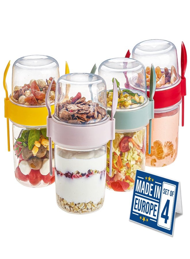 Crystalia 4 Pack 22 oz On The Go Yogurt Parfait Cups with Lids & Spoon, Large Breakfast Plastic Bowls with Topping Cereal Oatmeal Salad or Fruit Container for Snack Box - Image 1