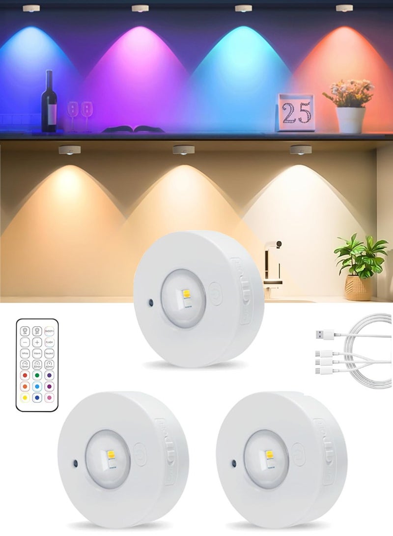 صحرمارت مصباح ليد قابل لإعادة الشحن بمنفذ USB مع جهاز تحكم عن بعد، إضاءة خزانة دائرية، 3 درجات حرارة للألوان + الفضاء اللوني RGB، مصباح كشاف ليد قابل للتعتيم، علبة عرض لاسلكية بإضاءة ليد مع مؤقت - Image 1