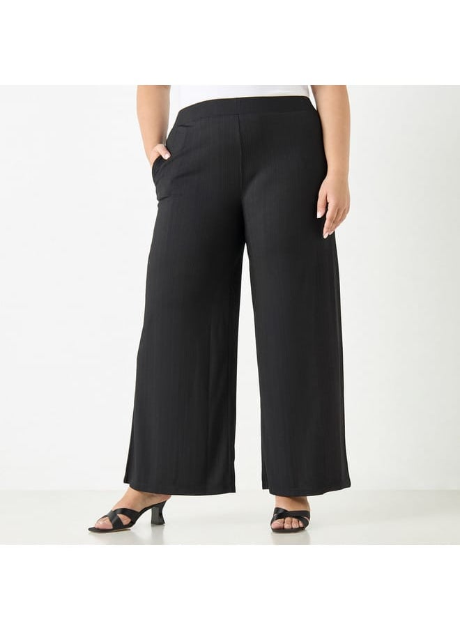 Ulla Popken Plus Size Ulla Popken Textured Wide Leg Pants with Pockets  - Image 1