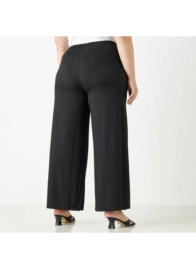 Ulla Popken Plus Size Ulla Popken Textured Wide Leg Pants with Pockets