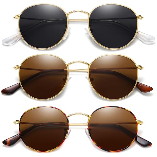 MEETSUN Small Round Polarized Sunglasses for Women Men Classic Retro Metal Frame UV Protection Gold Grey Brown Leopard - Image 1