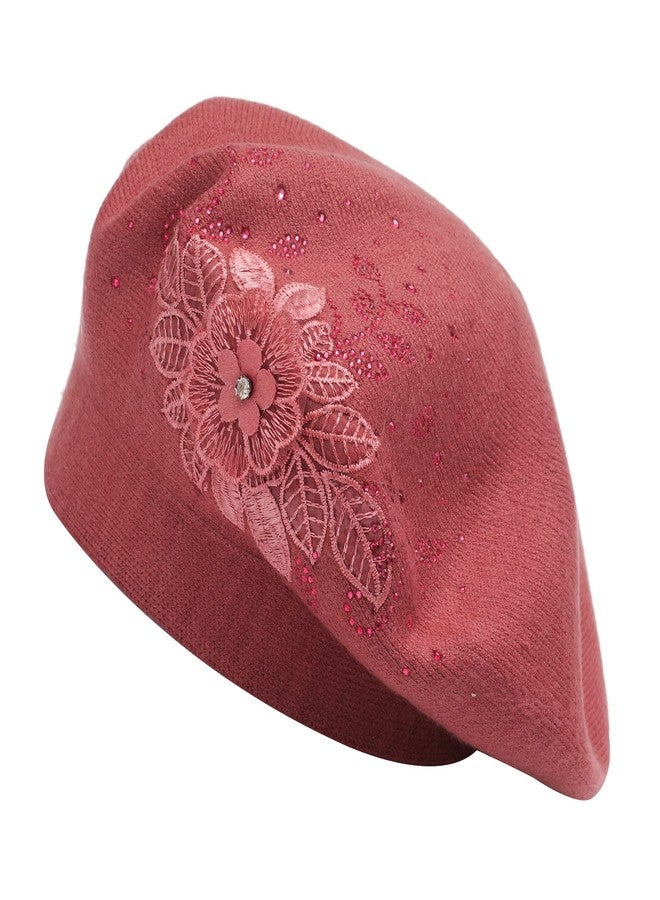 ZLYC Womens French Beret hat, Reversible Solid Color Mosaic Warm Beret Cap for Girls (Flower Dusky Red) - Image 1
