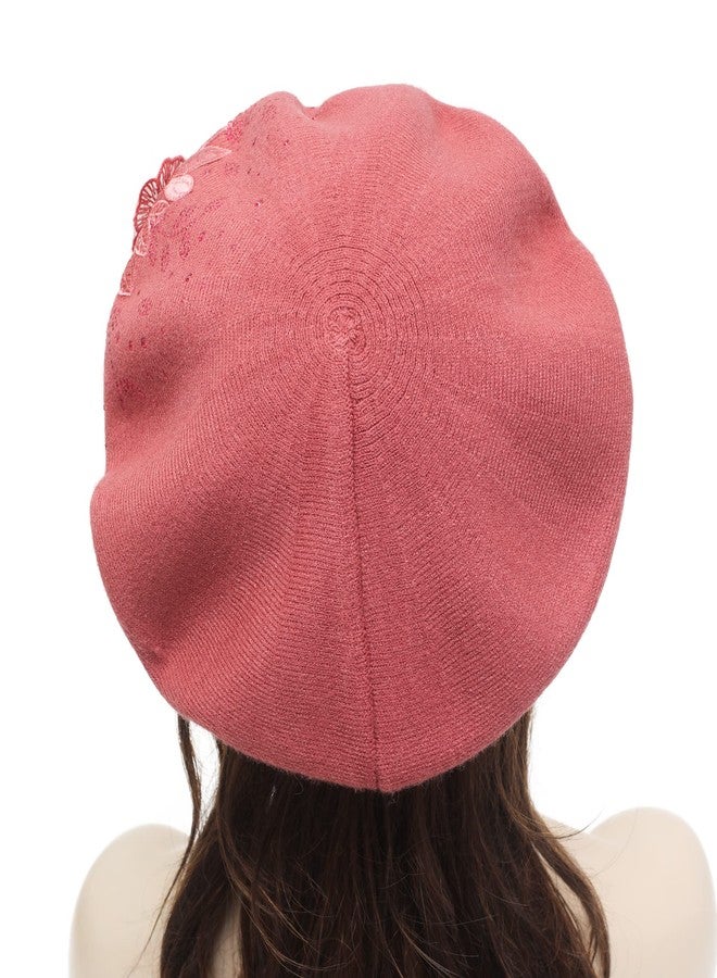 ZLYC Womens French Beret hat, Reversible Solid Color Mosaic Warm Beret Cap for Girls (Flower Dusky Red) - Image 3