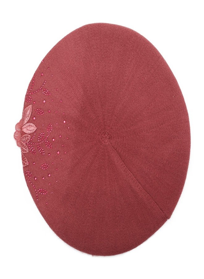ZLYC Womens French Beret hat, Reversible Solid Color Mosaic Warm Beret Cap for Girls (Flower Dusky Red) - Image 4