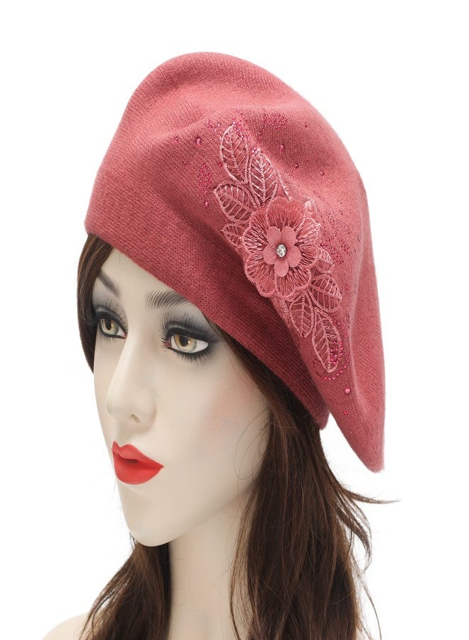 ZLYC Womens French Beret hat, Reversible Solid Color Mosaic Warm Beret Cap for Girls (Flower Dusky Red) - Image 2