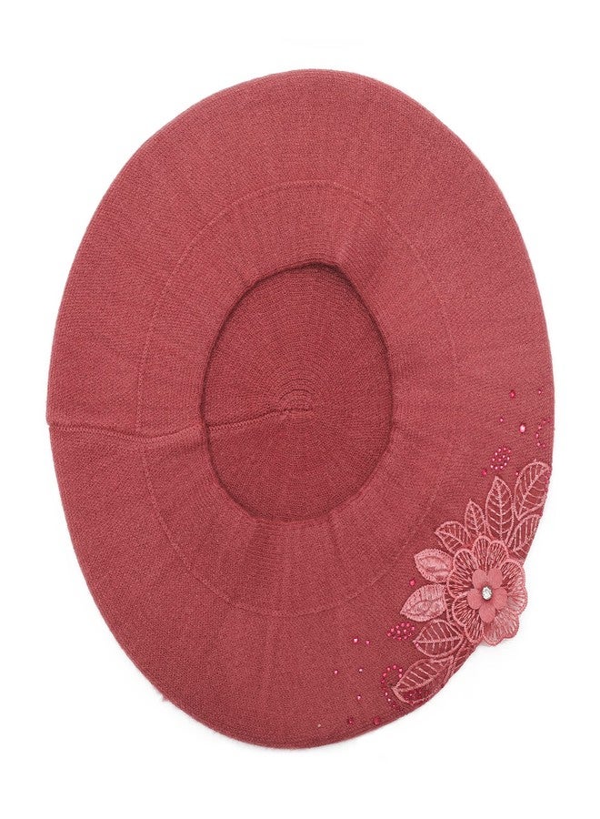 ZLYC Womens French Beret hat, Reversible Solid Color Mosaic Warm Beret Cap for Girls (Flower Dusky Red) - Image 5