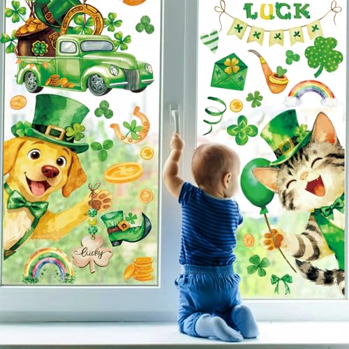 FCZon Star 90PCS St Patricks Day Window Clings,Reusable St Patricks Day Decorations,Double Sided Green Shamrock Window Clings,Irish Static Saint Patrick's Stickers for Glass,St Patrick’s Day Decor(9 Sheets) - Image 3