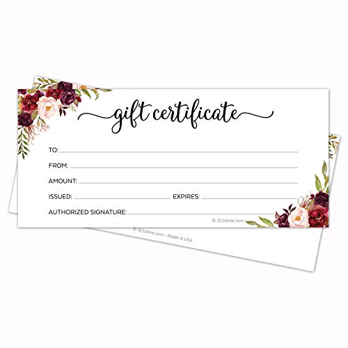321Done Floral Blank Gift Certificates (Set of 24) 4x9 for Small Business, Holiday, Christmas Voucher, Spa, Salon - Rustic Red Roses White Script - Made in USA - Image 5
