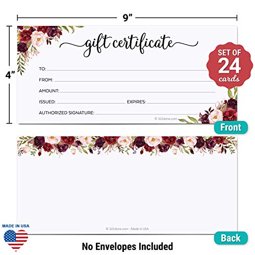 321Done Floral Blank Gift Certificates (Set of 24) 4x9 for Small Business, Holiday, Christmas Voucher, Spa, Salon - Rustic Red Roses White Script - Made in USA - Image 2