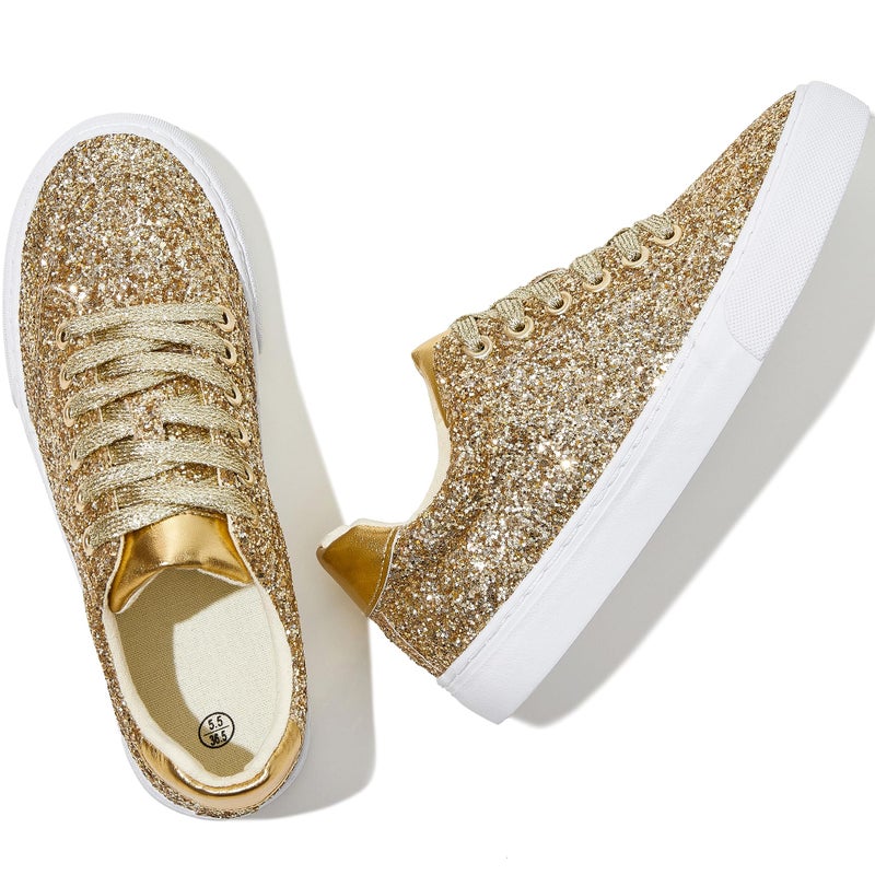 Jeekopeg Glitter Sparkly Fashion Sneakers Shoes Shiny Casual Shoes Bling Sequin Concert Low Cut Lace up Shoes(Gold Glitter,9 Women/7.5Men) - Image 4