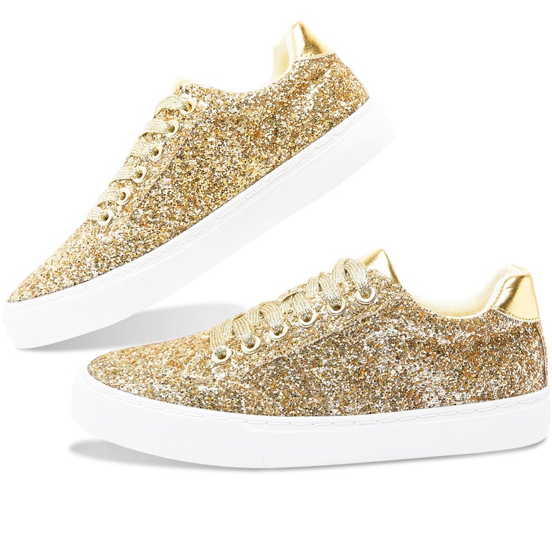 Jeekopeg Glitter Sparkly Fashion Sneakers Shoes Shiny Casual Shoes Bling Sequin Concert Low Cut Lace up Shoes(Gold Glitter,9 Women/7.5Men) - Image 1