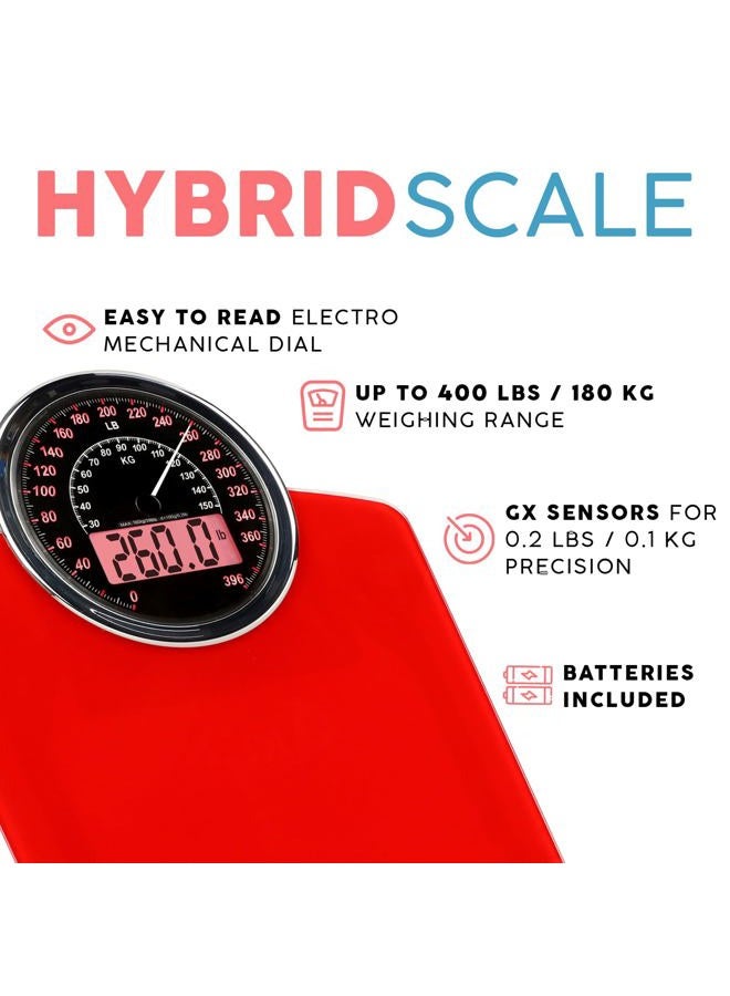 Adamson Hybrid 2-in-1 Analog & Digital Weighing Scale for Body Weight up to 400lbs - Thick Tempered Glass - Extra Large Display - Easy to Read Digital Bathroom Scale - New - Red - Image 2