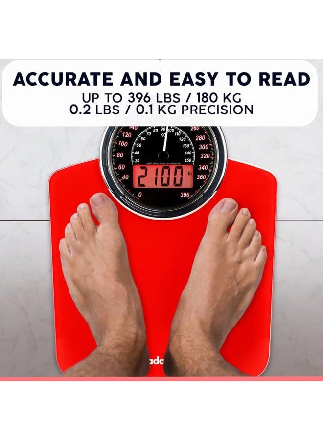 Adamson Hybrid 2-in-1 Analog & Digital Weighing Scale for Body Weight up to 400lbs - Thick Tempered Glass - Extra Large Display - Easy to Read Digital Bathroom Scale - New - Red - Image 5