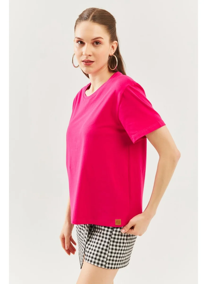 Butikgiz Fuchsia Oversize Comfortable Cotton Combed Crew Neck Short Sleeve Basic T-Shirt