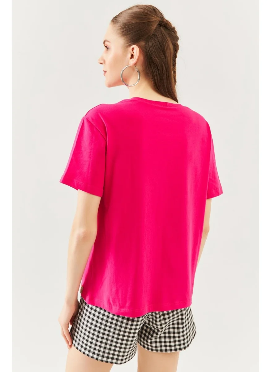 Butikgiz Fuchsia Oversize Comfortable Cotton Combed Crew Neck Short Sleeve Basic T-Shirt