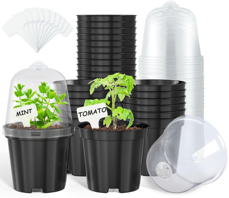 homenote Nursery Pots for Plants4 Inch Plant Pot for Planting with Humidity Domes Plastic Seedling with Drainage Holes Seed Starter Flower with 10 Labels Black 30 Pack - Image 2