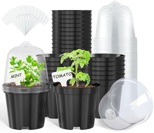 homenote Nursery Pots for Plants4 Inch Plant Pot for Planting with Humidity Domes Plastic Seedling with Drainage Holes Seed Starter Flower with 10 Labels Black 30 Pack - Image 1