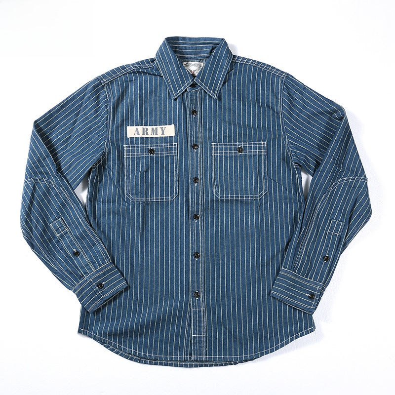 OKONKWO American Retro Railway Vertical Stripe Tooling Shirt Mens Denim Long Sleeve Shirt Work Shirt gray blue - Image 3
