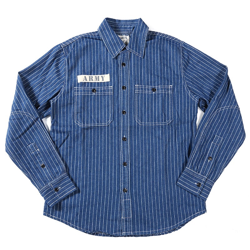OKONKWO American Retro Railway Vertical Stripe Tooling Shirt Mens Denim Long Sleeve Shirt Work Shirt gray blue - Image 2
