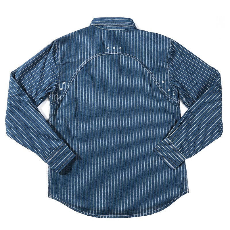 OKONKWO American Retro Railway Vertical Stripe Tooling Shirt Mens Denim Long Sleeve Shirt Work Shirt gray blue - Image 4