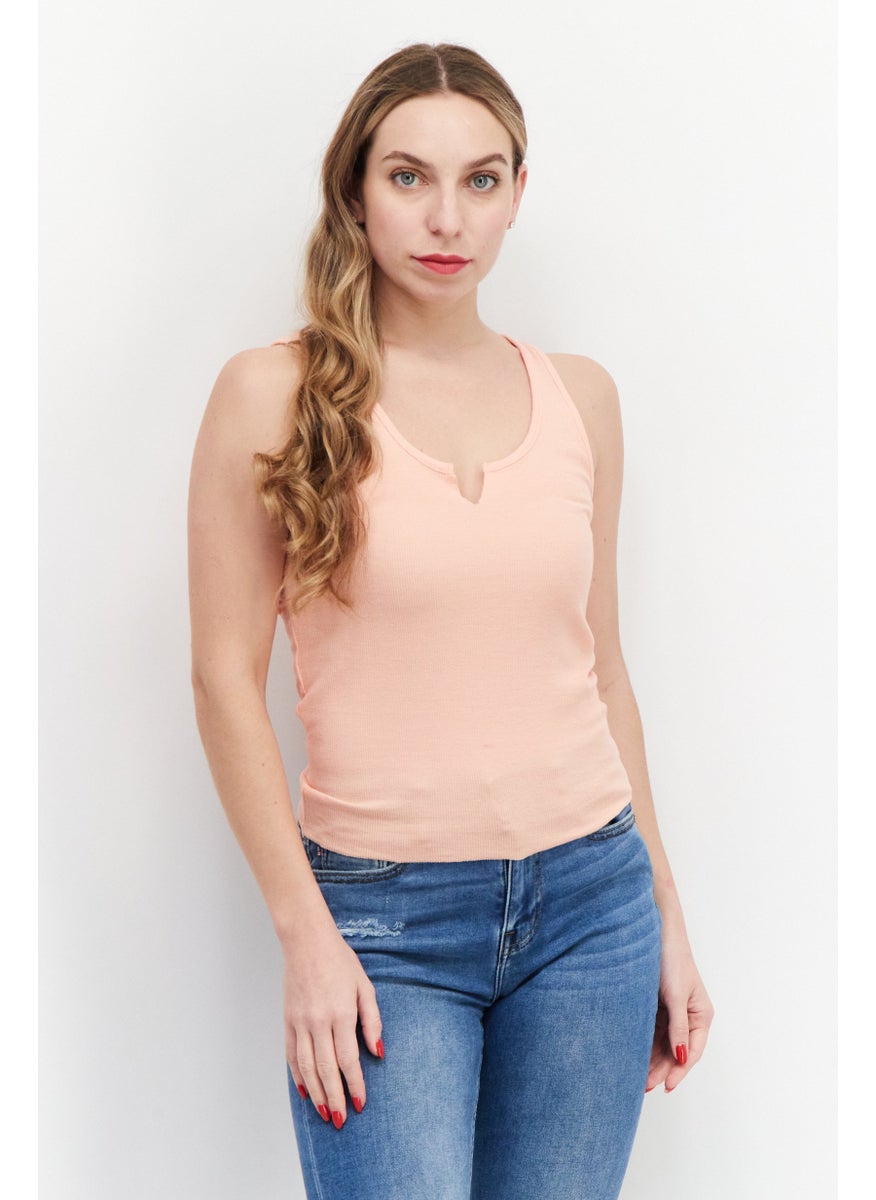 Cotton On Women V-Neck Sleeveless Plain Top, Peach  - Image 1