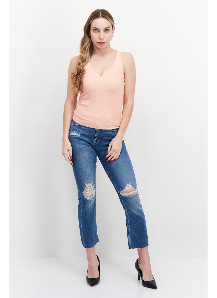 Cotton On Women V-Neck Sleeveless Plain Top, Peach  - Image 3
