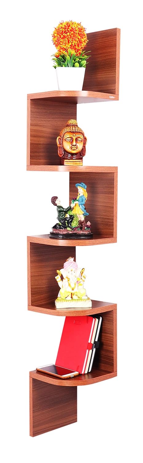 Captiver Engineered Wood Zigzag Wall Mounted Corner Shelf Rack Tier 5 Teak Office Living Study Room Bedroom Kitchen Racks Shelves Storage Showcase Handicrafts