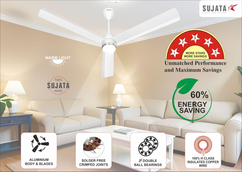 Sujata Premium BLDC Ceiling Fan 1200mm | 3 Years Warranty, 100% Copper Winding, 5 Star Rated Energy Efficient Ceiling fan for Living Room, Remote Control BLDC Fan, Slim Air Underlight (WHITE CHROME) - Image 4