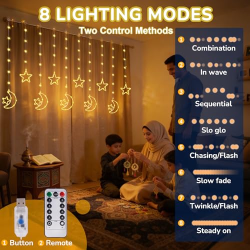 FIALAME Ramadan Lights Decorations for Home,135 LED Star Moon Curtain Lights,Dimmable Twinkle Curtain Fairy Lights with Remote,Timer,8 Lighting Modes,Hanging Decor for Bedroom Window Holiday,Ramadan Gifts - Image 4