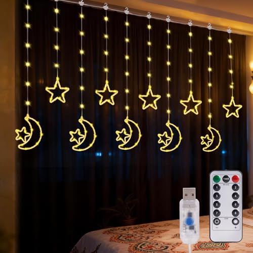 FIALAME Ramadan Lights Decorations for Home,135 LED Star Moon Curtain Lights,Dimmable Twinkle Curtain Fairy Lights with Remote,Timer,8 Lighting Modes,Hanging Decor for Bedroom Window Holiday,Ramadan Gifts - Image 1