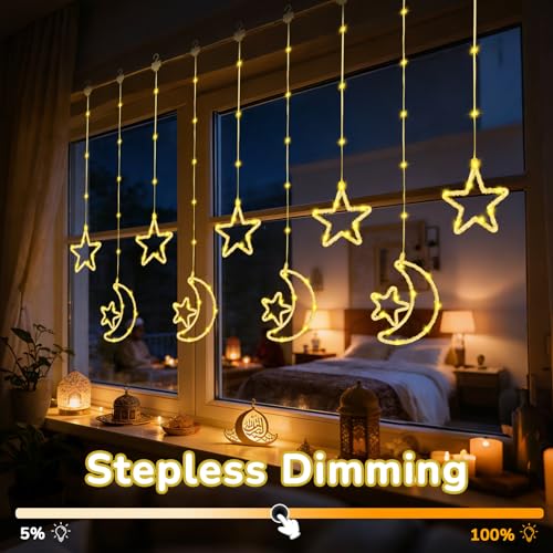 FIALAME Ramadan Lights Decorations for Home,135 LED Star Moon Curtain Lights,Dimmable Twinkle Curtain Fairy Lights with Remote,Timer,8 Lighting Modes,Hanging Decor for Bedroom Window Holiday,Ramadan Gifts - Image 3