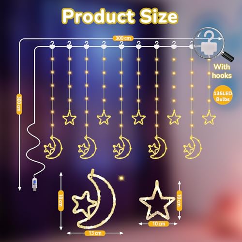 FIALAME Ramadan Lights Decorations for Home,135 LED Star Moon Curtain Lights,Dimmable Twinkle Curtain Fairy Lights with Remote,Timer,8 Lighting Modes,Hanging Decor for Bedroom Window Holiday,Ramadan Gifts - Image 2