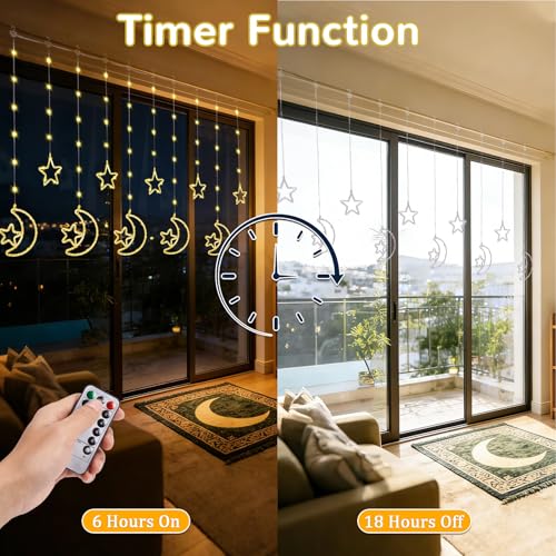 FIALAME Ramadan Lights Decorations for Home,135 LED Star Moon Curtain Lights,Dimmable Twinkle Curtain Fairy Lights with Remote,Timer,8 Lighting Modes,Hanging Decor for Bedroom Window Holiday,Ramadan Gifts - Image 5